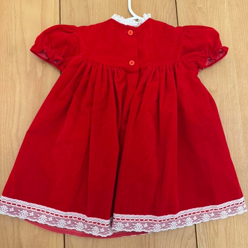 VTG Cutest One Velvet Lace Trim Dress Kids 3T Red Holiday Coquette Cottagecore - Picture 5 of 7